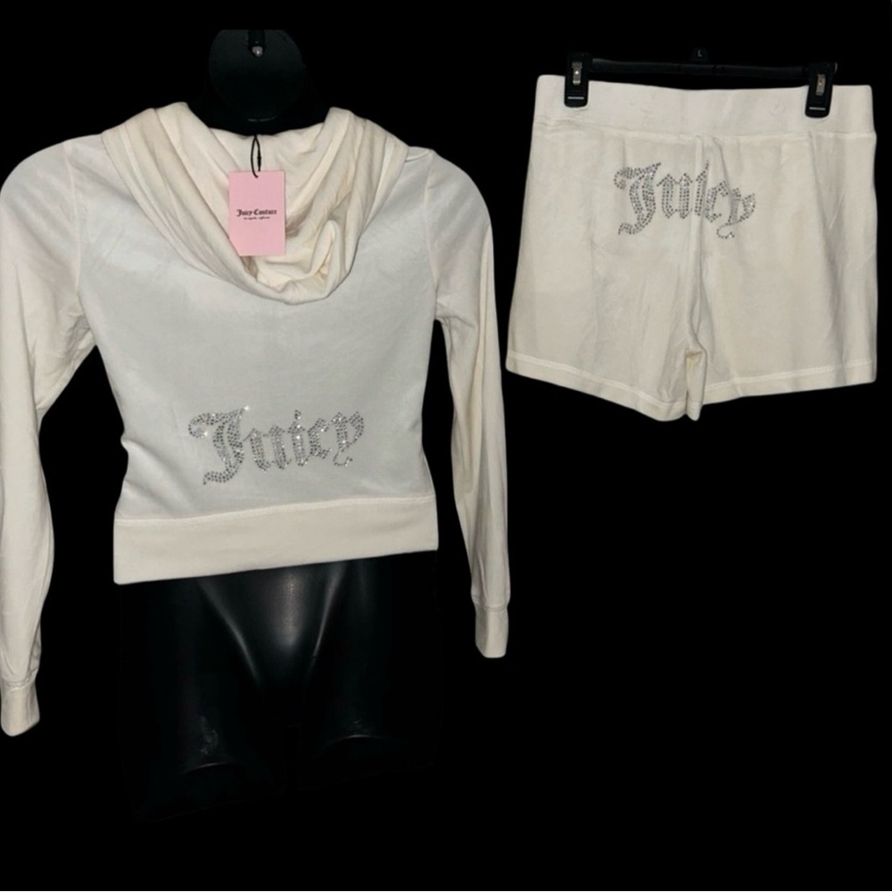 JUICY COUTURE BLING OYSTER WHITE RHINESTONE VELOUR SHORTS & HOODIE SWEATSUIT NWT